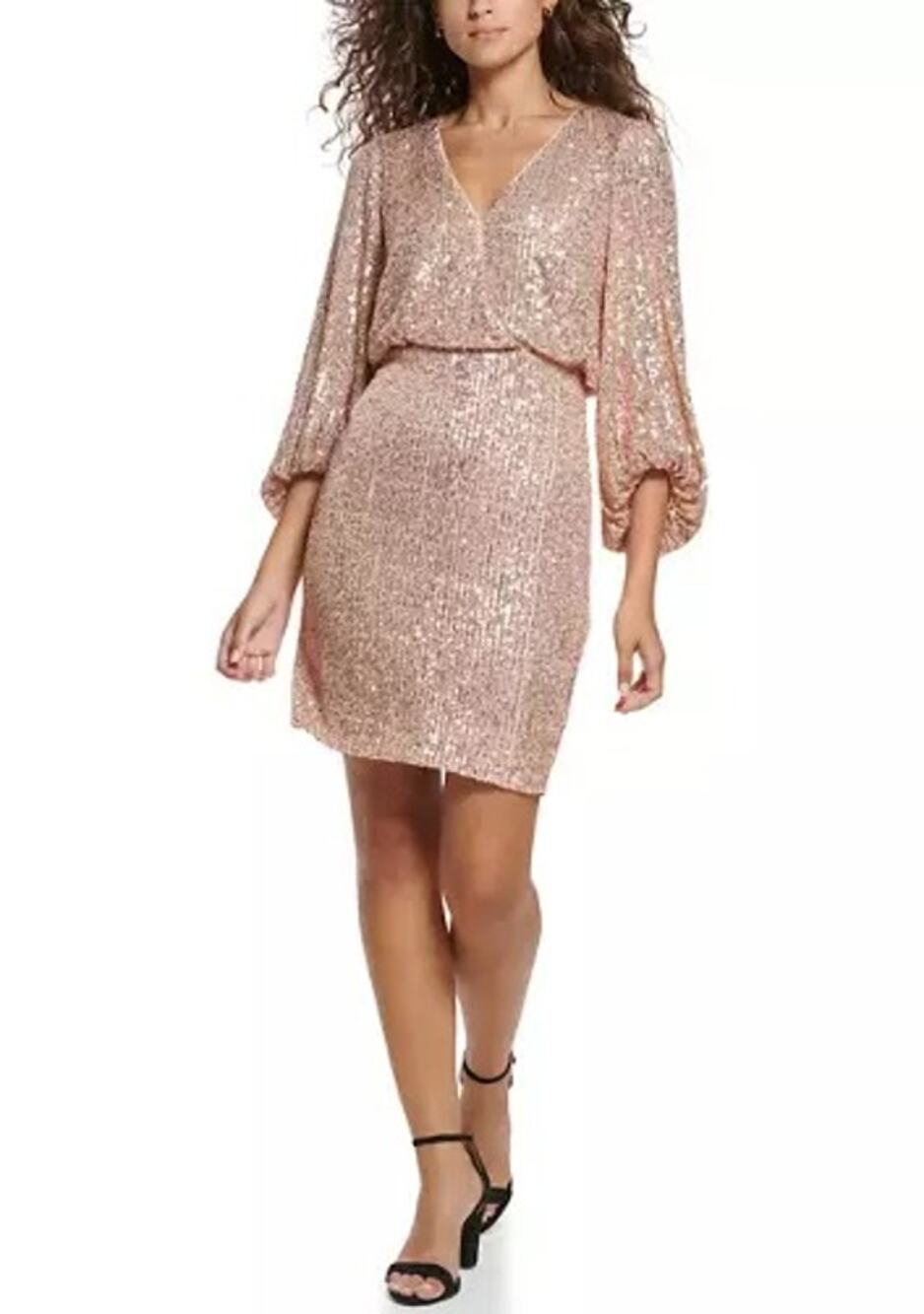 NWT Eliza J Sequined Blouson Sleeve Rose Gold Midi Cocktail Dress Size 6